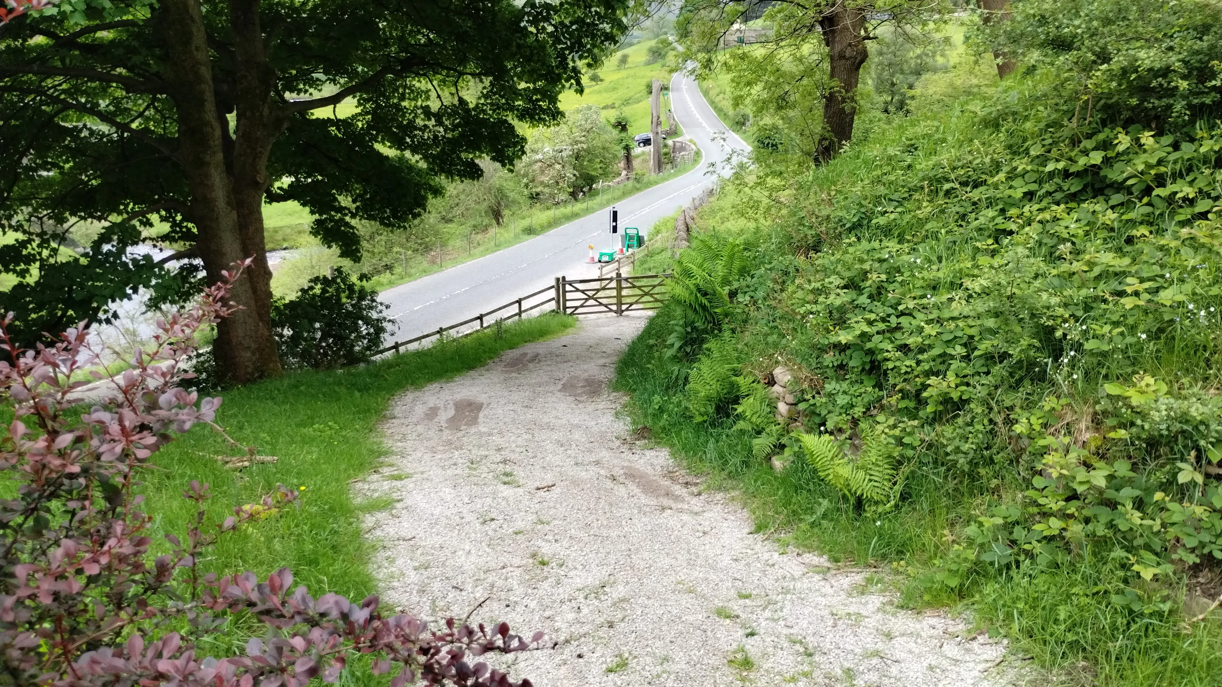 A person walking down a dirt road next to a lush green hillside.